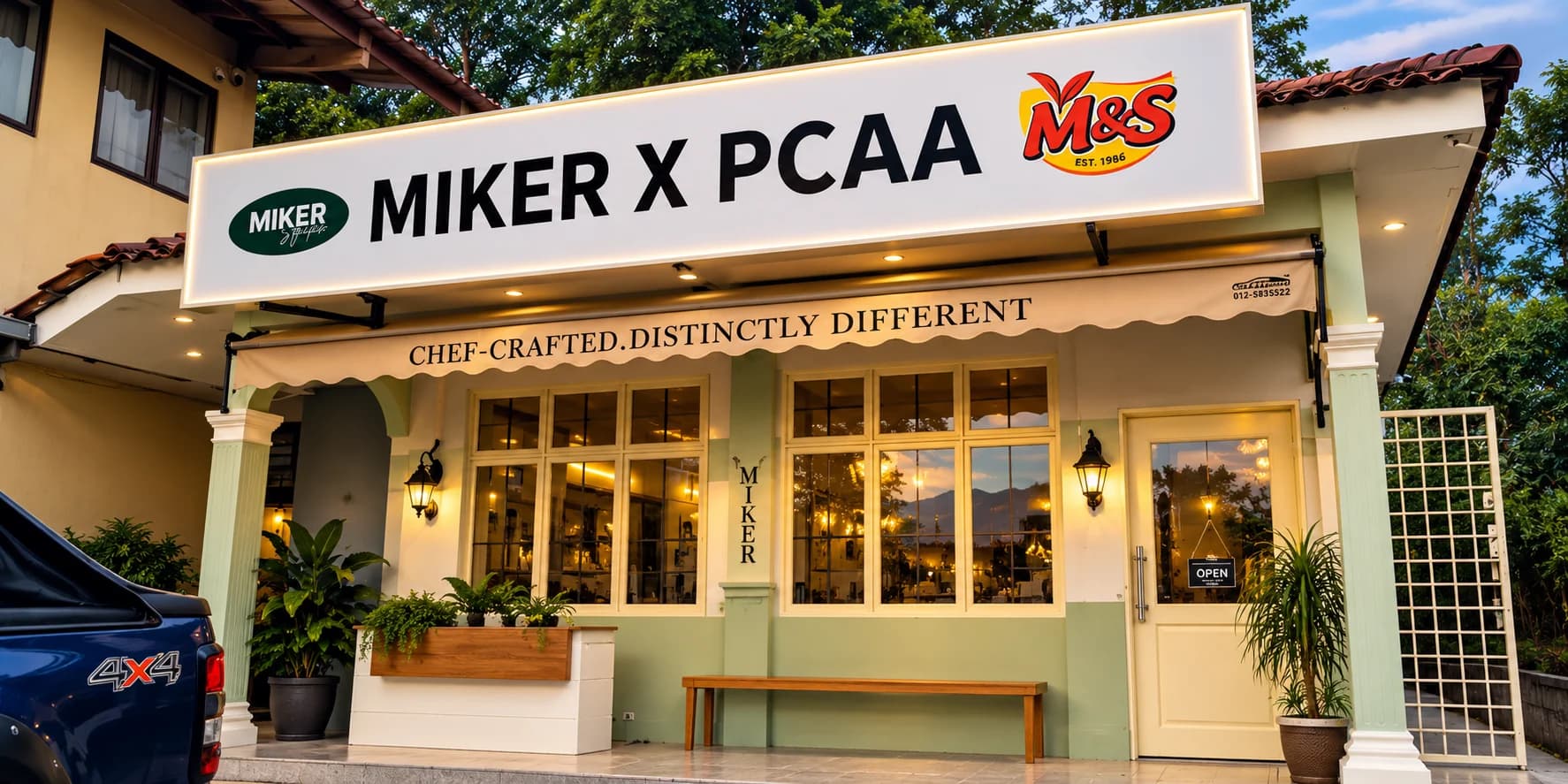 Signboard bercahaya Miker × PCAA pada fasad restoran, hasil kerja Xworm